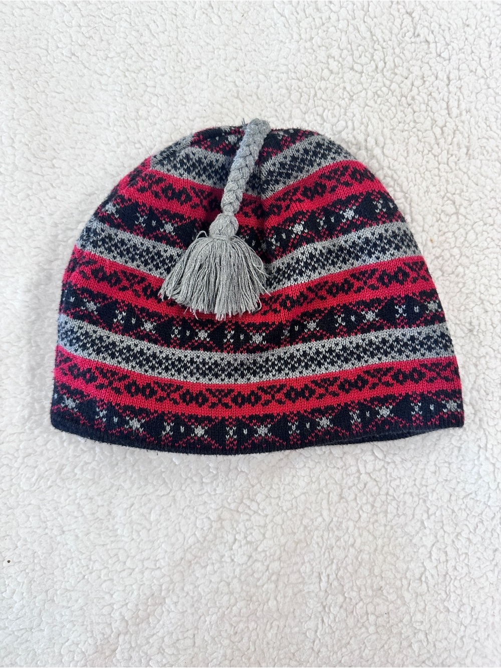Reversible Beanie Grey and Pink Tassel Knit